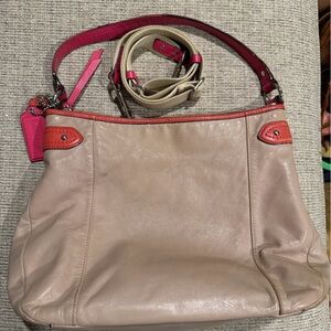 Coach Leather Crossbody Bag – Tan & Coral | Adjustable Strap | Loved Condition